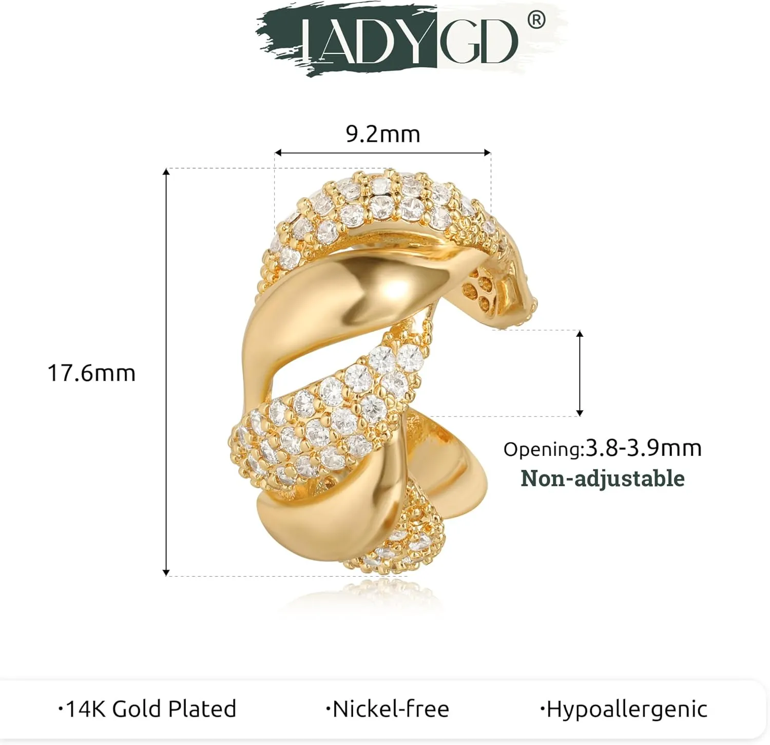 Ear Cuff Earrings for Women 14K Gold Plated Cubic Zirconia Sparkling Hollow Trendy Huggie Ear Cuffs Non Piercing | Clip On Cartilage | Single