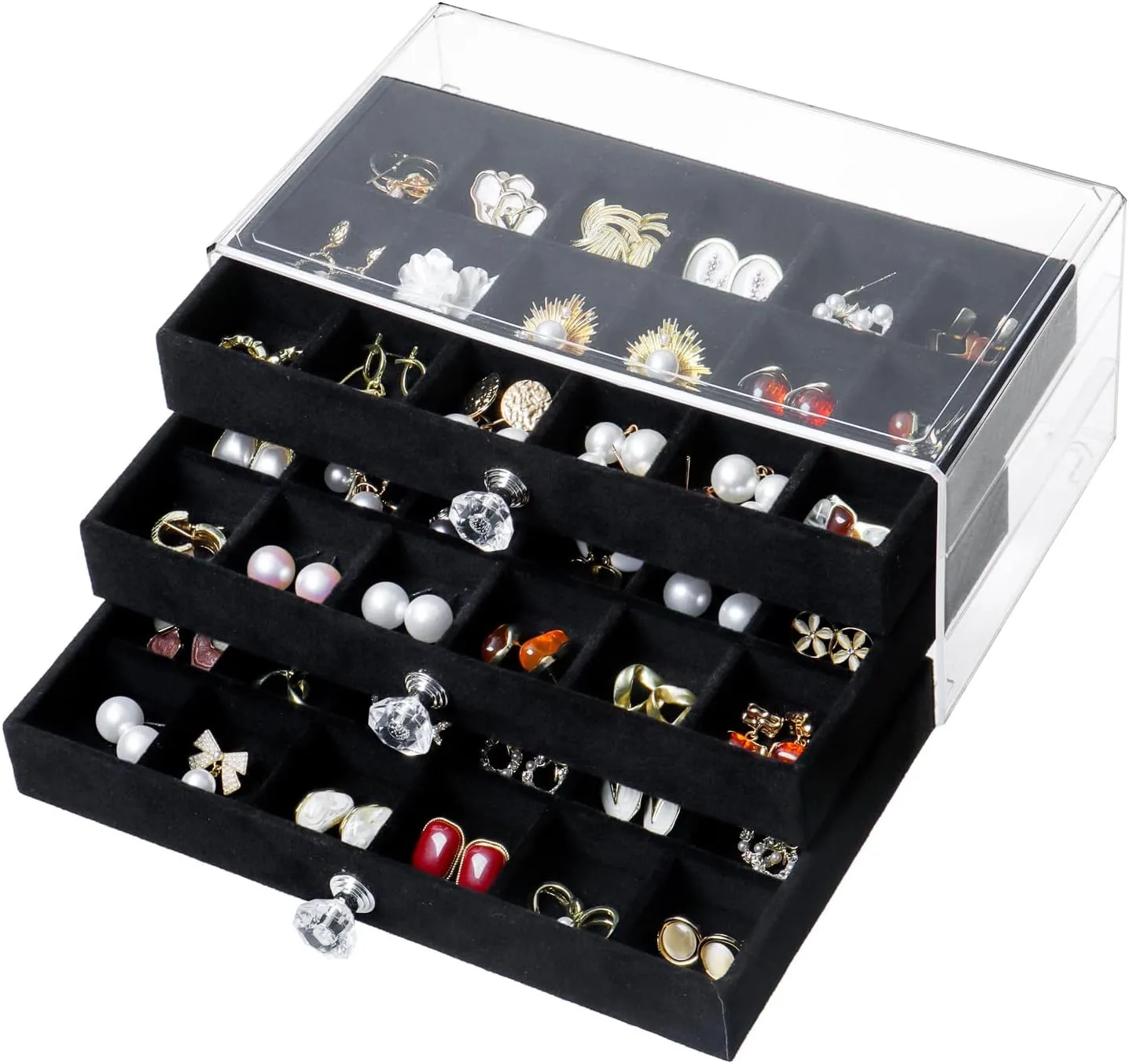 Earring Box Holder Organizer Case, Clear Velvet Jewelry Storage Tray Organizer for Earring Ring Stud (Black - 3 Drawers)