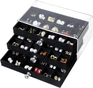Earring Box Holder Organizer Case, Clear Velvet Jewelry Storage Tray Organizer for Earring Ring Stud (Black - 3 Drawers)
