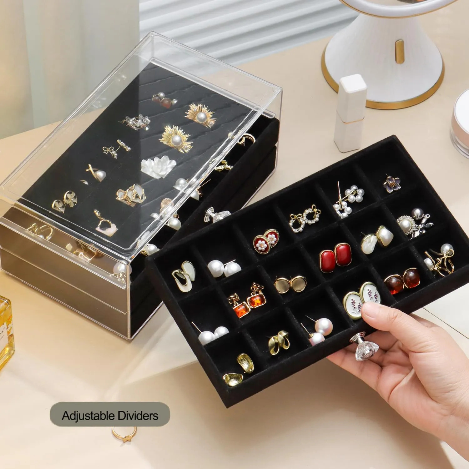 Earring Box Holder Organizer Case, Clear Velvet Jewelry Storage Tray Organizer for Earring Ring Stud (Black - 3 Drawers)