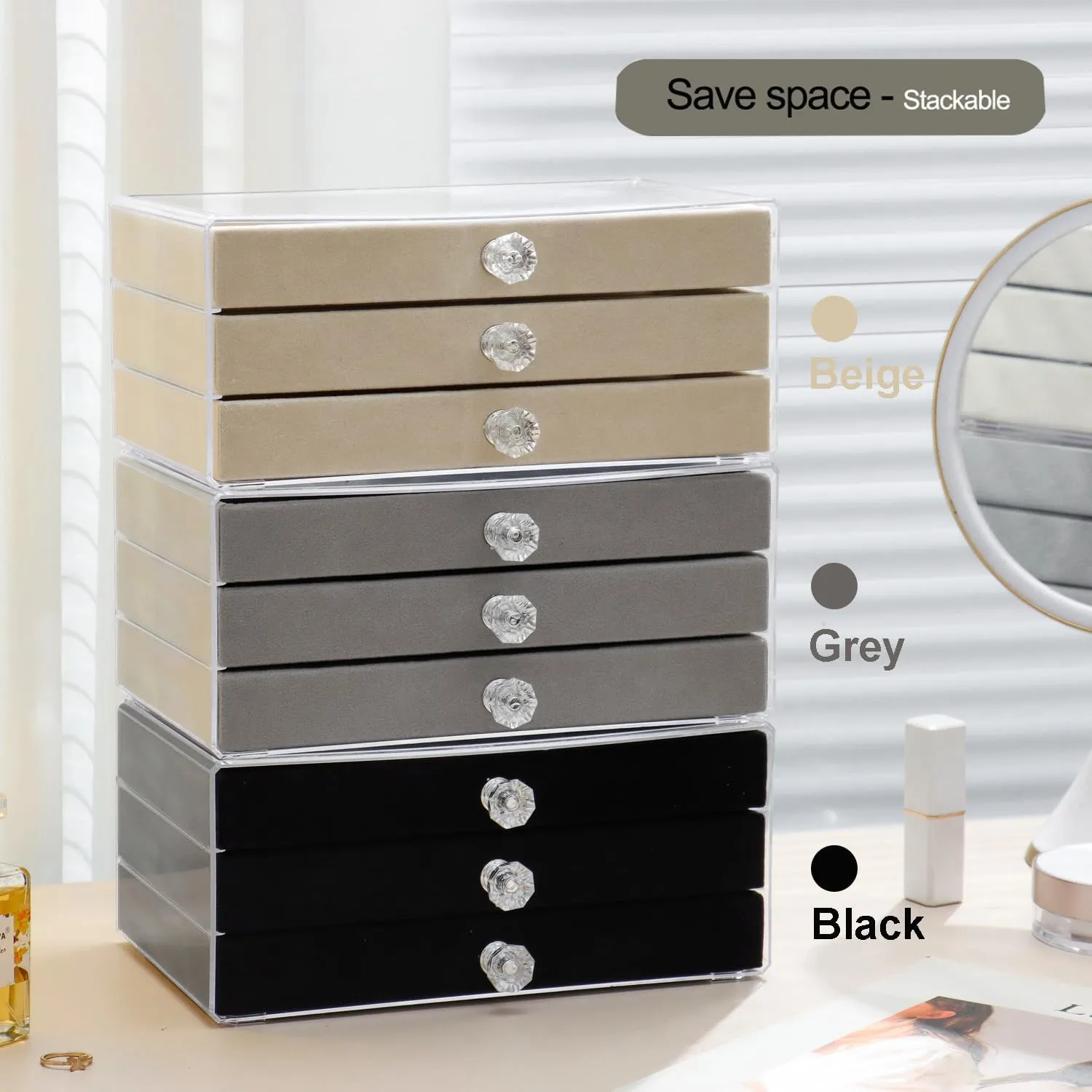 Earring Box Holder Organizer Case, Clear Velvet Jewelry Storage Tray Organizer for Earring Ring Stud (Black - 3 Drawers)