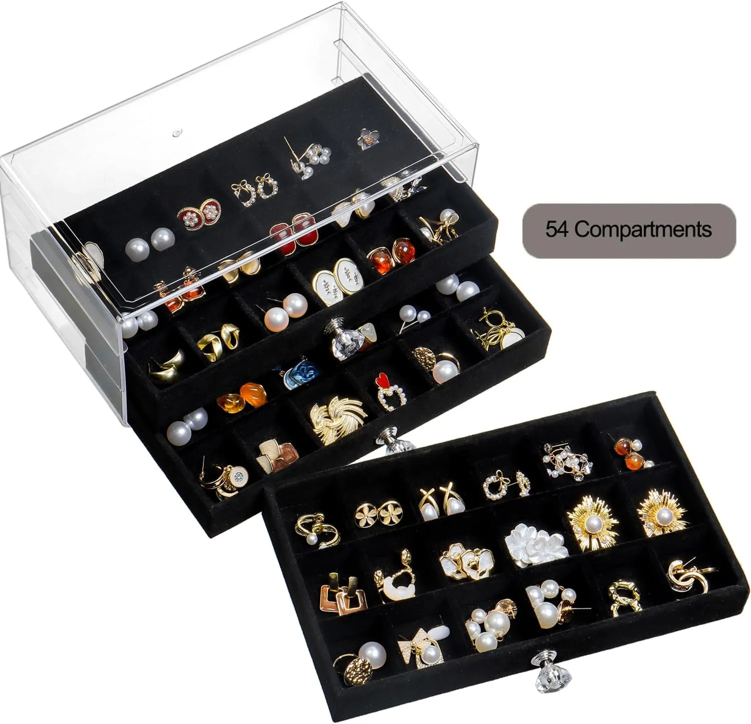 Earring Box Holder Organizer Case, Clear Velvet Jewelry Storage Tray Organizer for Earring Ring Stud (Black - 3 Drawers)