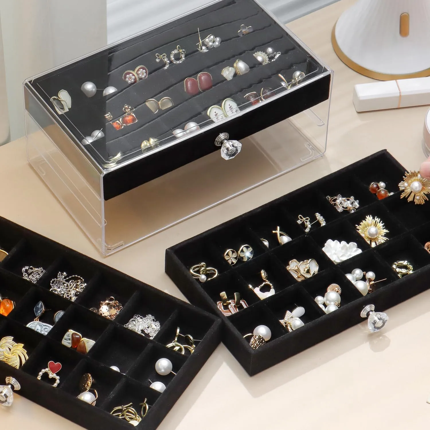 Earring Box Holder Organizer Case, Clear Velvet Jewelry Storage Tray Organizer for Earring Ring Stud (Black - 3 Drawers)
