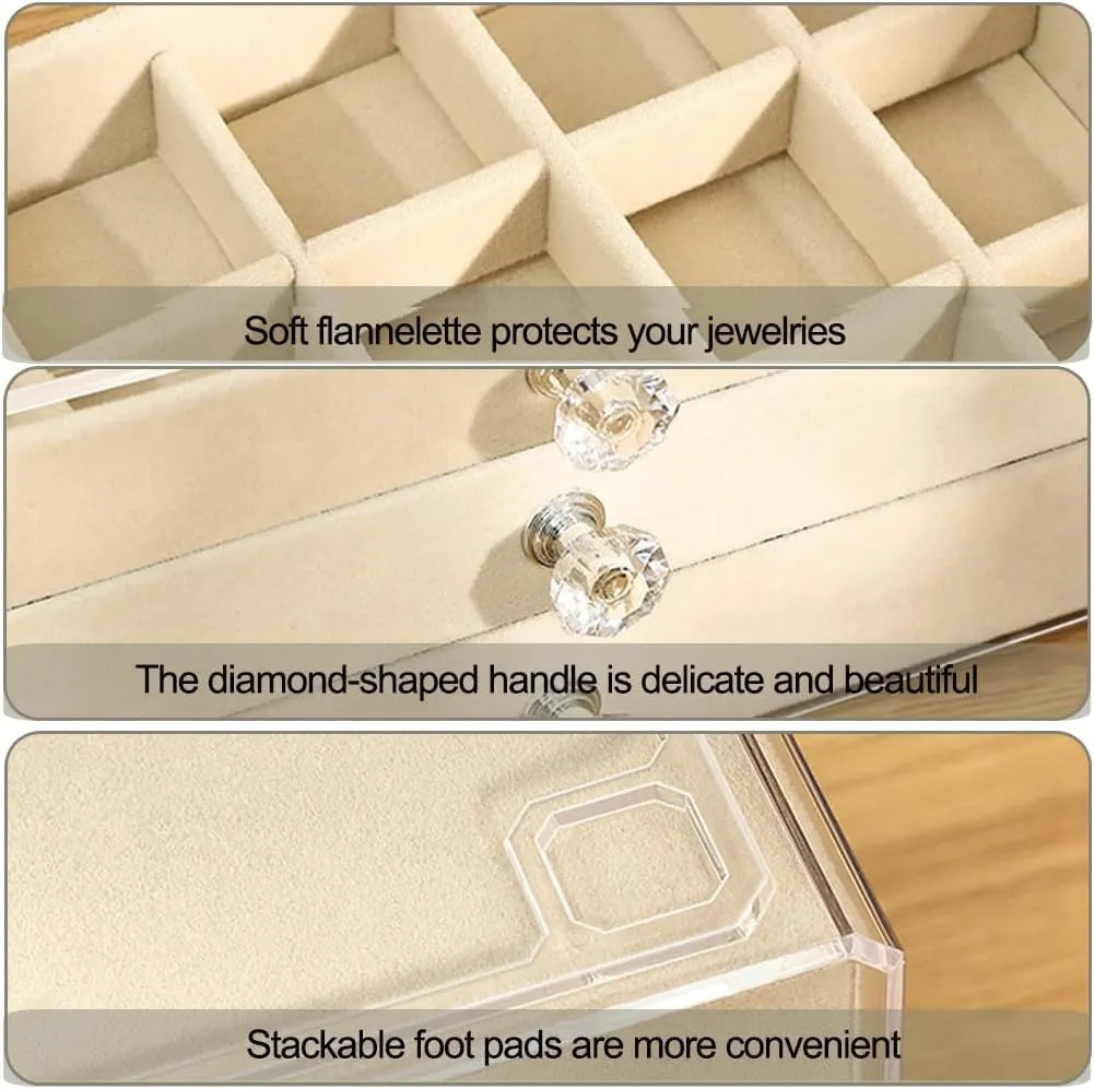 Earring Box Holder Organizer Display Case, Clear Velvet Jewelry Storage Tray Organizer for Earring Ring Stud (Beige - 3 Drawers)