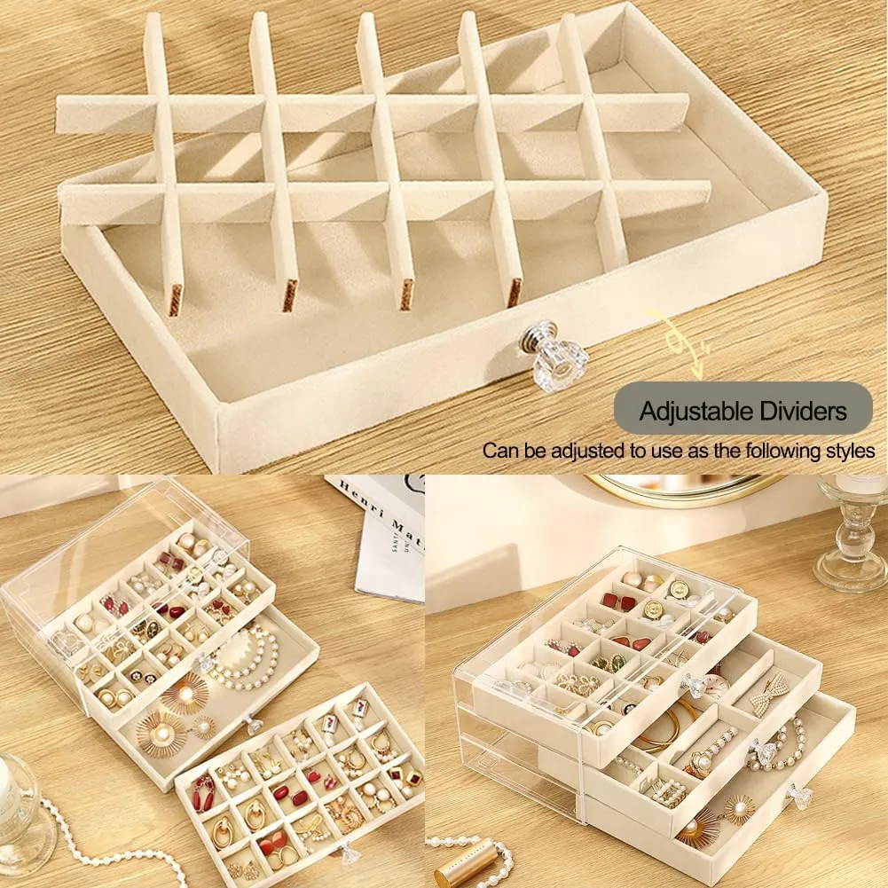 Earring Box Holder Organizer Display Case, Clear Velvet Jewelry Storage Tray Organizer for Earring Ring Stud (Beige - 3 Drawers)