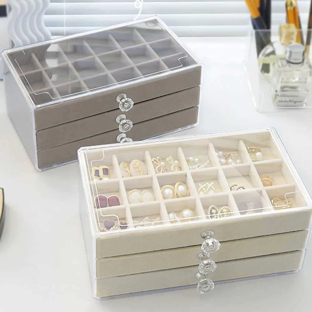 Earring Box Holder Organizer Display Case, Clear Velvet Jewelry Storage Tray Organizer for Earring Ring Stud (Beige - 3 Drawers)