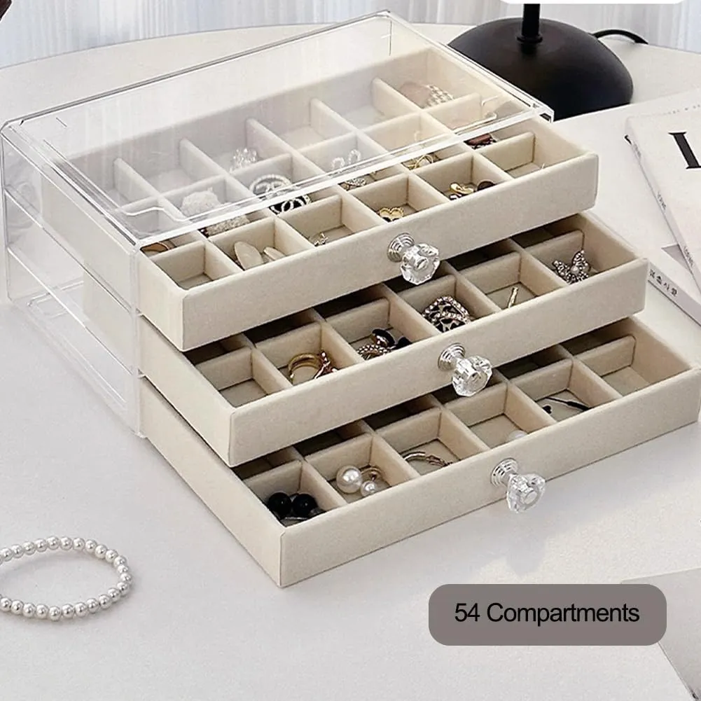 Earring Box Holder Organizer Display Case, Clear Velvet Jewelry Storage Tray Organizer for Earring Ring Stud (Beige - 3 Drawers)