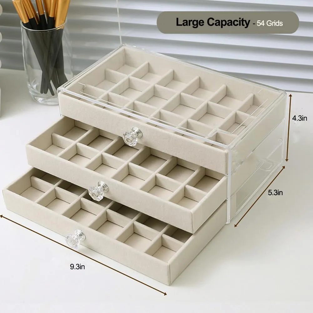 Earring Box Holder Organizer Display Case, Clear Velvet Jewelry Storage Tray Organizer for Earring Ring Stud (Beige - 3 Drawers)