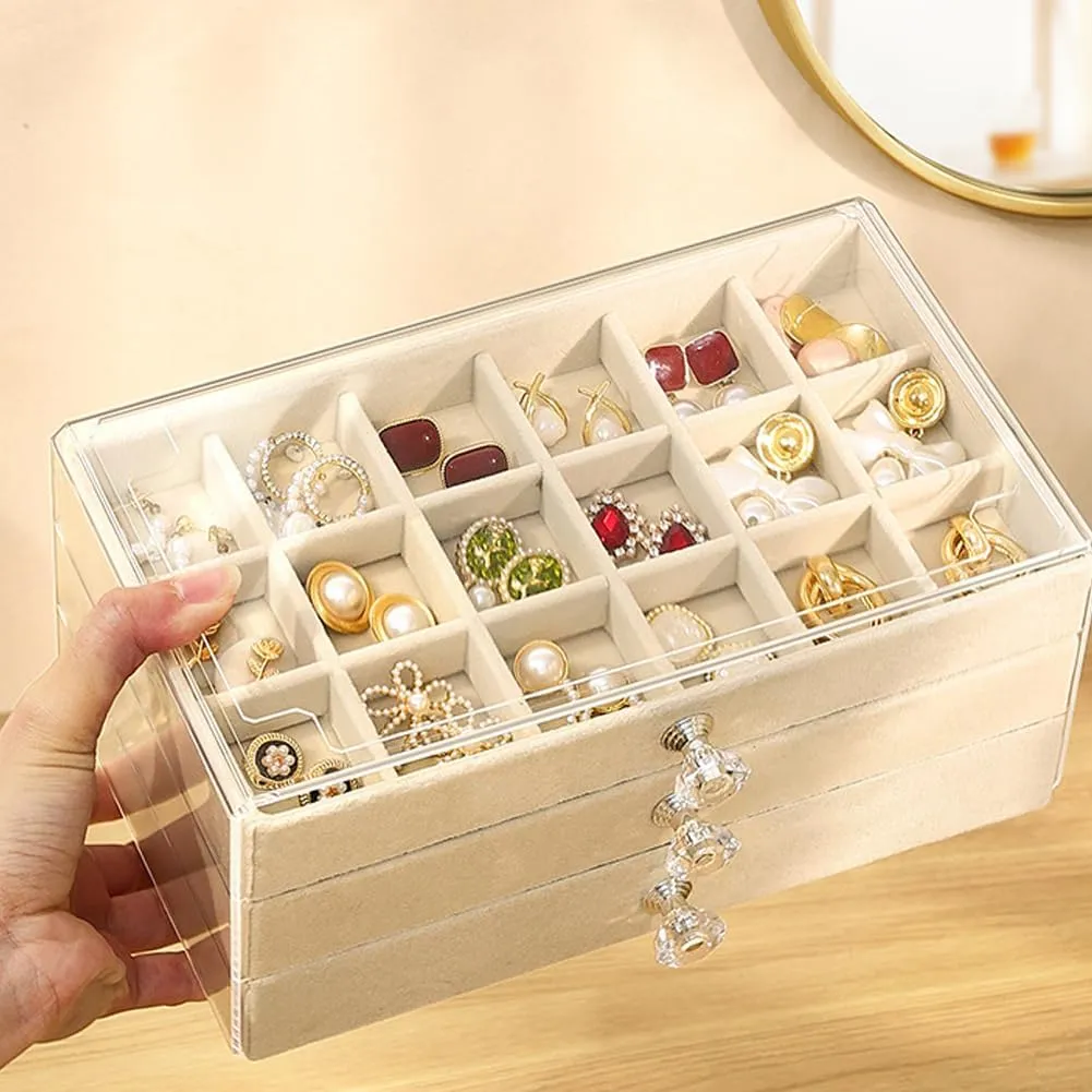 Earring Box Holder Organizer Display Case, Clear Velvet Jewelry Storage Tray Organizer for Earring Ring Stud (Beige - 3 Drawers)