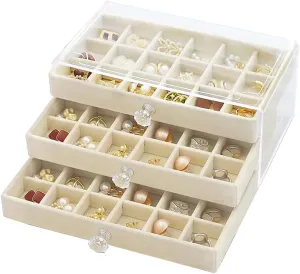 Earring Box Holder Organizer Display Case, Clear Velvet Jewelry Storage Tray Organizer for Earring Ring Stud (Beige - 3 Drawers)