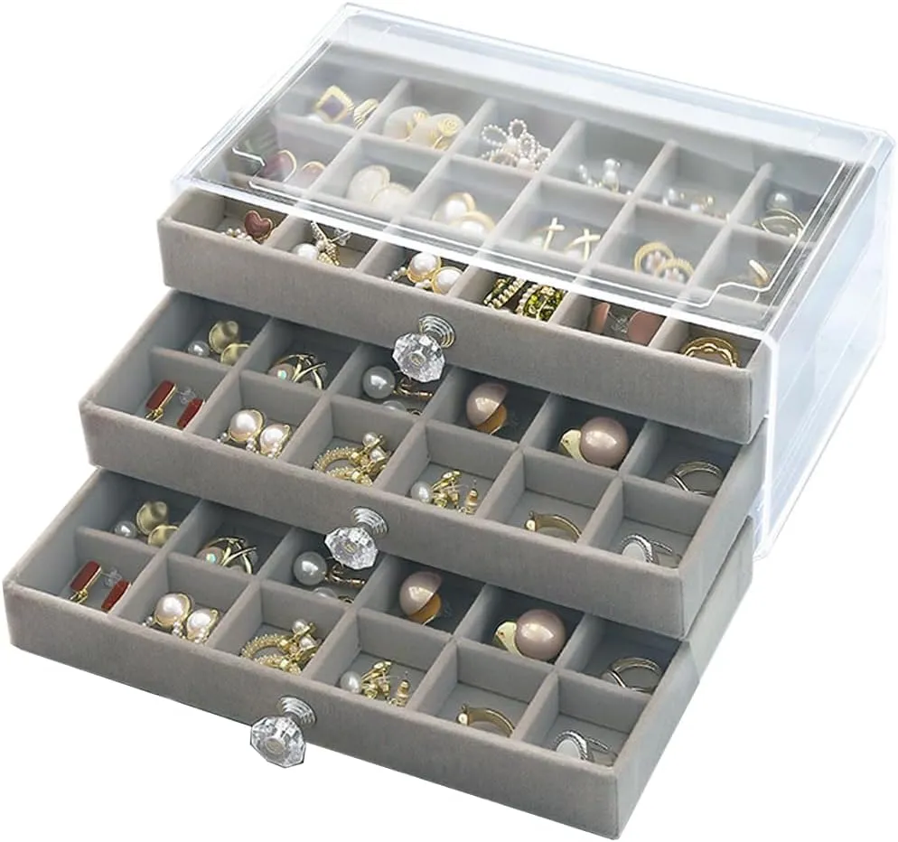 Earring Box Holder Organizer Display Case, Clear Velvet Jewelry Storage Tray Organizer for Earring Ring Stud (Grey - 3 Drawers)