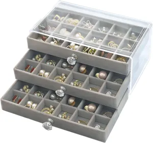 Earring Box Holder Organizer Display Case, Clear Velvet Jewelry Storage Tray Organizer for Earring Ring Stud (Grey - 3 Drawers)