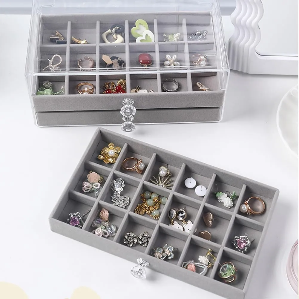 Earring Box Holder Organizer Display Case, Clear Velvet Jewelry Storage Tray Organizer for Earring Ring Stud (Grey - 3 Drawers)