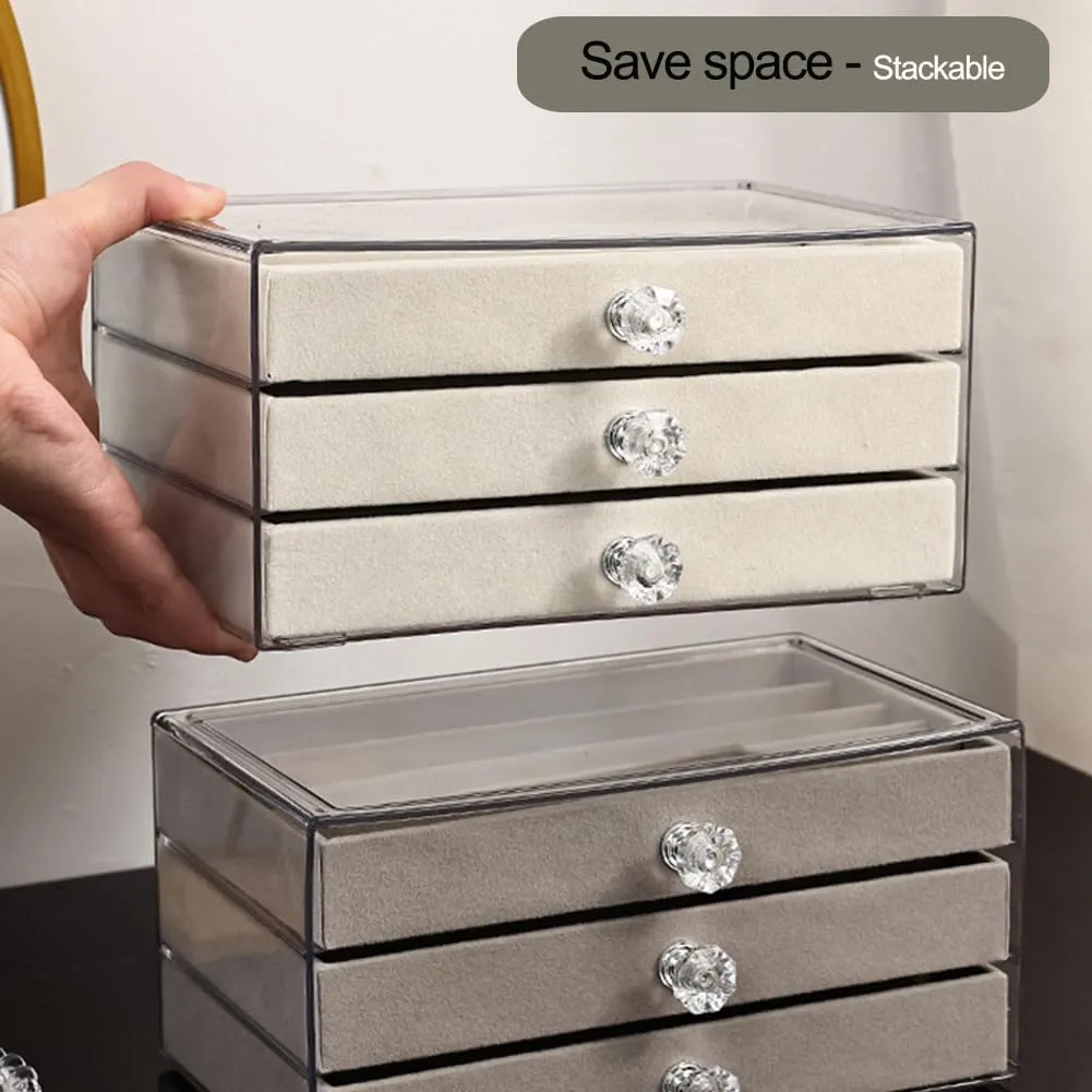 Earring Box Holder Organizer Display Case, Clear Velvet Jewelry Storage Tray Organizer for Earring Ring Stud (Grey - 3 Drawers)