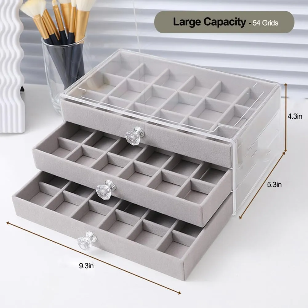 Earring Box Holder Organizer Display Case, Clear Velvet Jewelry Storage Tray Organizer for Earring Ring Stud (Grey - 3 Drawers)