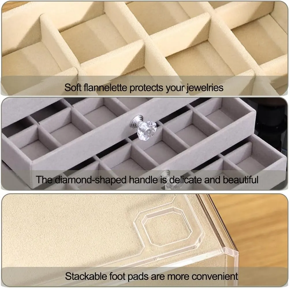 Earring Box Holder Organizer Display Case, Clear Velvet Jewelry Storage Tray Organizer for Earring Ring Stud (Grey - 3 Drawers)