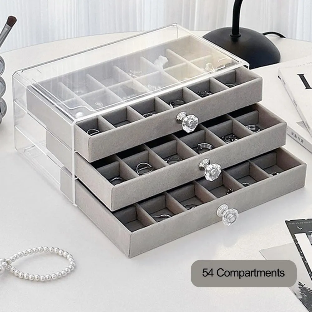 Earring Box Holder Organizer Display Case, Clear Velvet Jewelry Storage Tray Organizer for Earring Ring Stud (Grey - 3 Drawers)