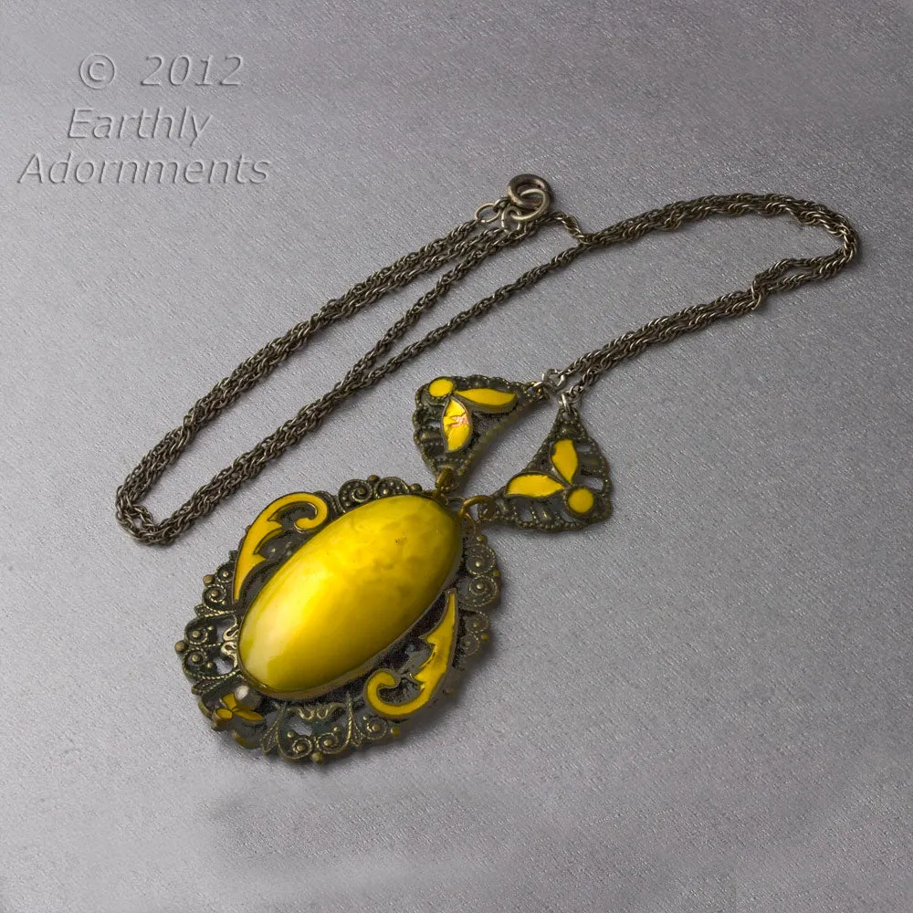 Edwardian era filigree, enamel & satin glass pendant necklace. 23"long.  nlbg823