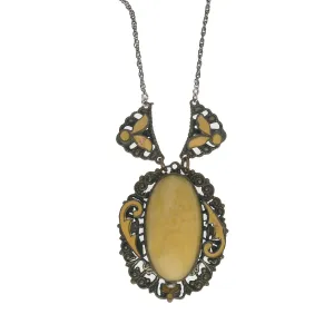 Edwardian era filigree, enamel & satin glass pendant necklace. 23"long.  nlbg823