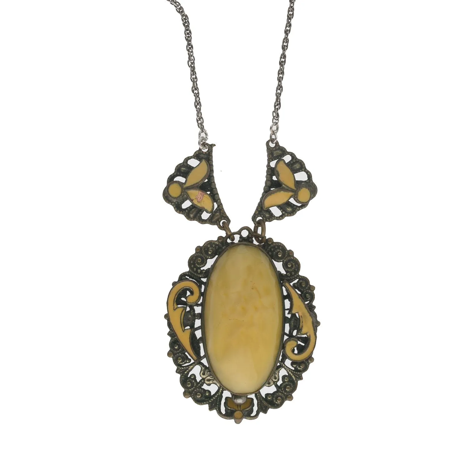 Edwardian era filigree, enamel & satin glass pendant necklace. 23"long.  nlbg823
