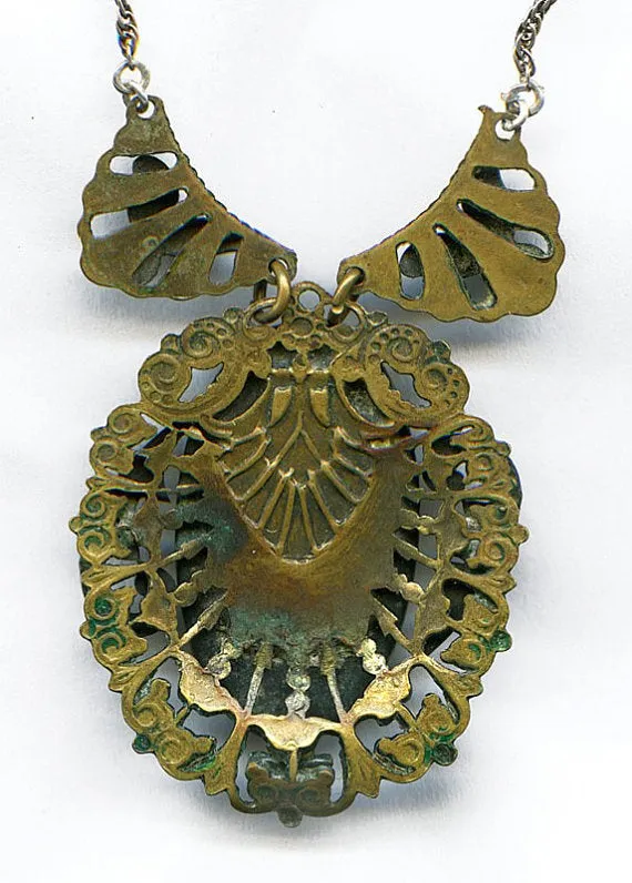 Edwardian era filigree, enamel & satin glass pendant necklace. 23"long.  nlbg823