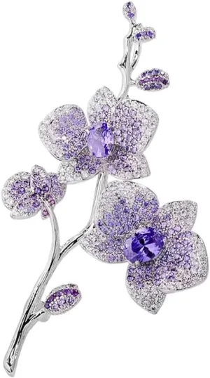Elegant Butterfly Orchid Wedding Brooch Pins for Women Bride Delicate Purple Zirconia Crystal Flower Branch Corsage Party Dance Bouquet Lapel Pins Dress Suit Accessories Beautiful Lady Jewelry Deco