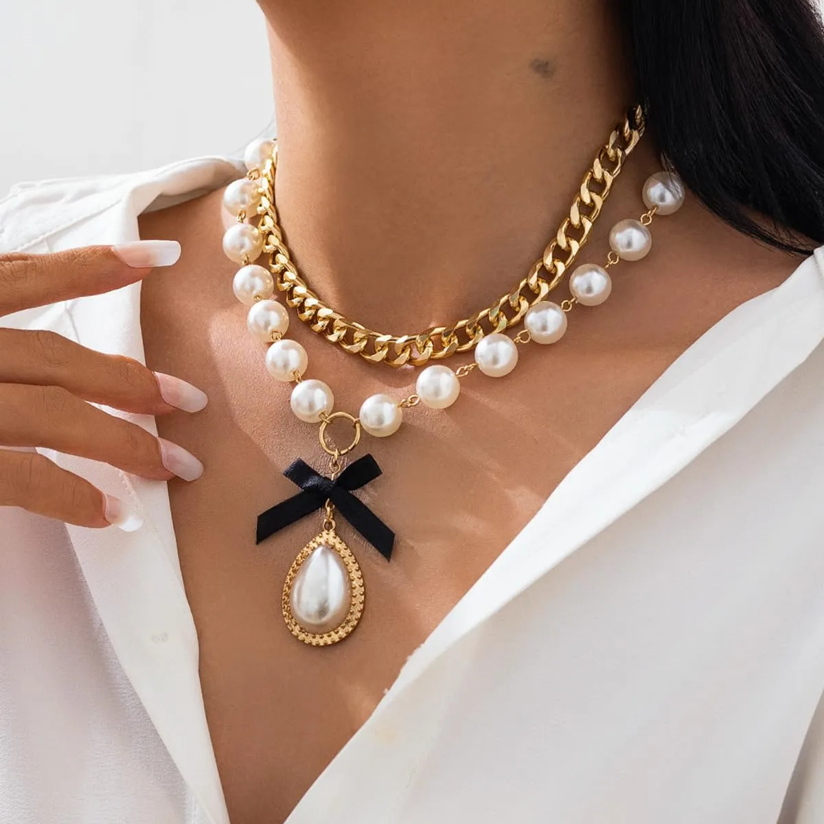 Elegant Pearl Choker Necklaces Chunky Gold Chain with Baroque Teardrop Pendant 2 Pieces Black Silk Bow Necklace Dainty Bridal Women's Accessories