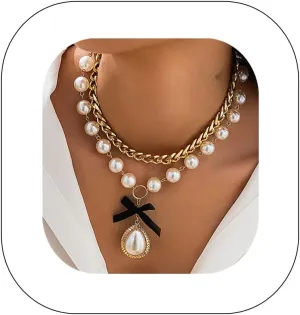 Elegant Pearl Choker Necklaces Chunky Gold Chain with Baroque Teardrop Pendant 2 Pieces Black Silk Bow Necklace Dainty Bridal Women's Accessories