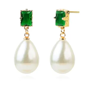 Emerald Green Earrings, Gold and Green Earrings for Women as Wedding Gift for Her, Dangling Vintage Pearl Earrings 12mm Large Pearl Earrings Teardrop Match Emerald Green Costume Jewelry