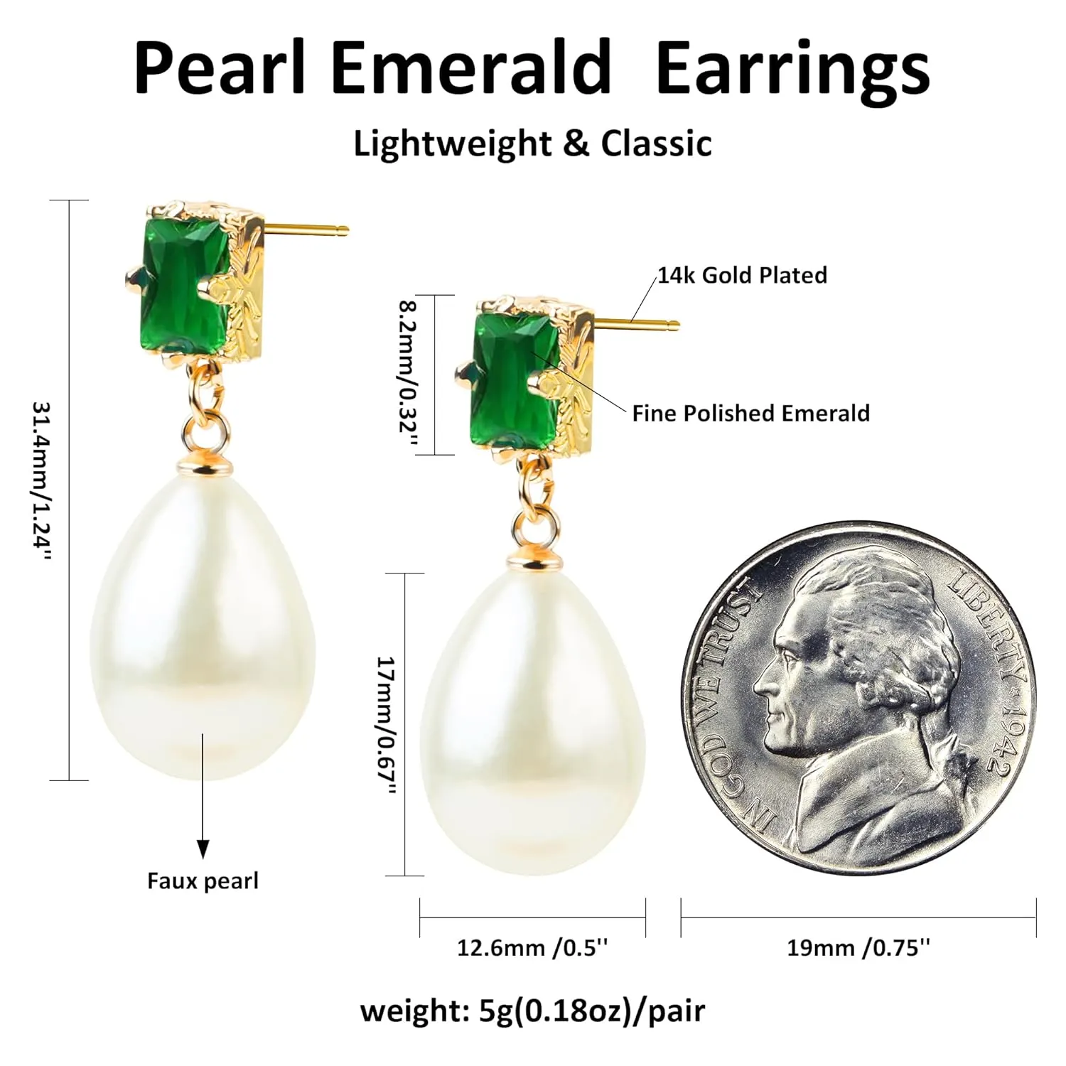 Emerald Green Earrings, Gold and Green Earrings for Women as Wedding Gift for Her, Dangling Vintage Pearl Earrings 12mm Large Pearl Earrings Teardrop Match Emerald Green Costume Jewelry