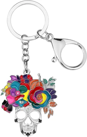 Enamel Alloy Halloween Flower Skull Keychain Car Keys Purse Charms Bag Accessories Sugar Skull Gifts for Women Girls