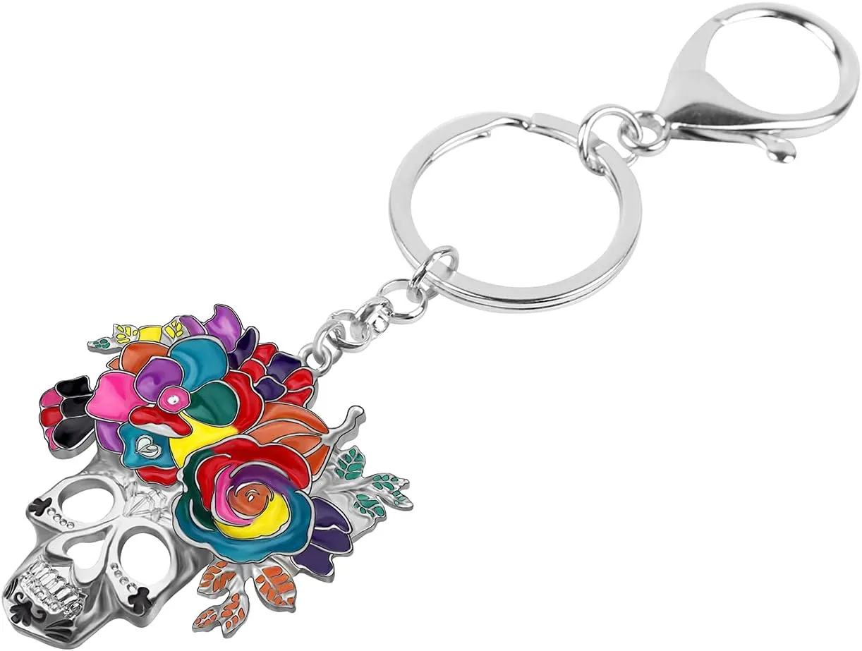 Enamel Alloy Halloween Flower Skull Keychain Car Keys Purse Charms Bag Accessories Sugar Skull Gifts for Women Girls