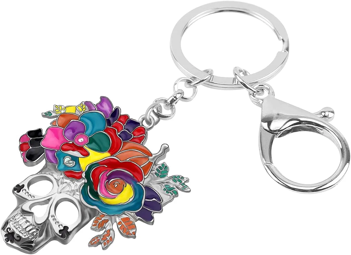 Enamel Alloy Halloween Flower Skull Keychain Car Keys Purse Charms Bag Accessories Sugar Skull Gifts for Women Girls
