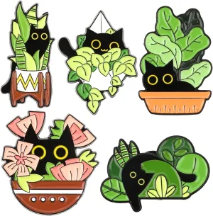 Enamel Pins Set, 5 Pcs Cute Plants Black Cat Pins Kawaii Creative Animal Enamel Brooch Pins DIY Accessories Decor for Backpacks Jackets Jeans