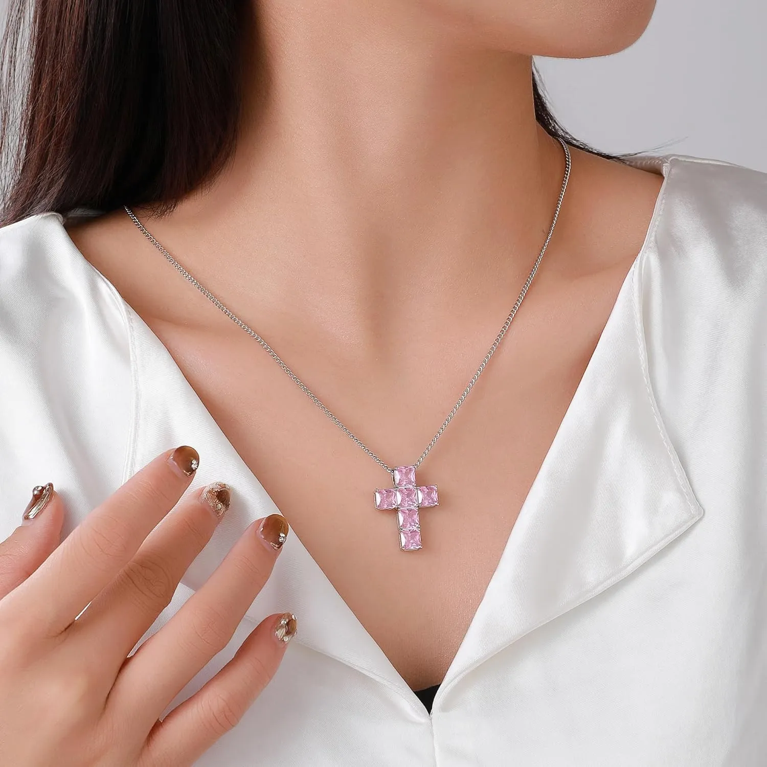 Eseres Cross Necklace for Women Silver Cross Necklaces for Women with 20 Inch Chain Cross Pendant with Square Cubic Zirconia Hip Hop Style