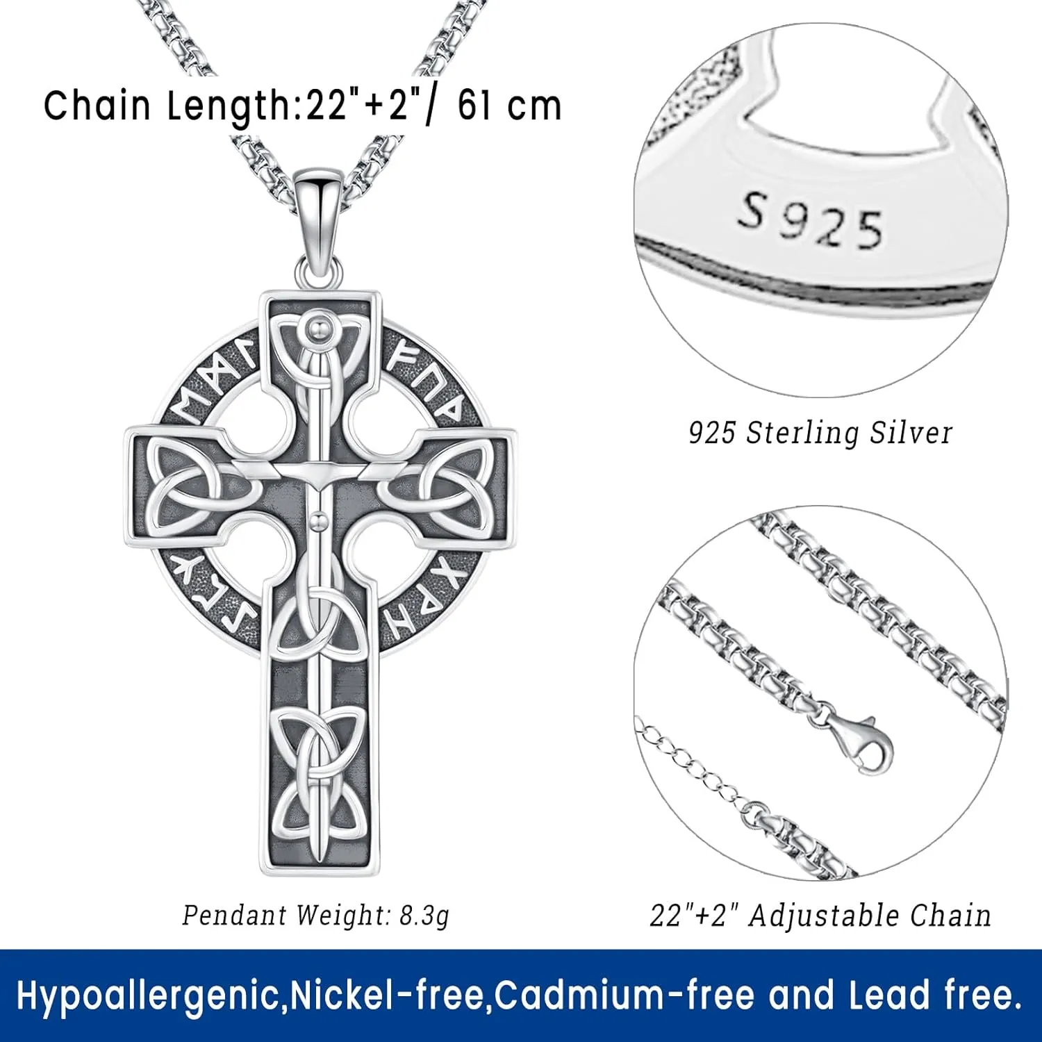 Eusense Viking Jewelry for Men Women Sterling Silver 925 Mjolnir Thors Hammer Pendant Celtic Cross Necklace Wolf Odin Raven Freya Goddess Norse Pagan Compass Vegvisir Yggdrasil Nordic Viking Necklaces Gifts