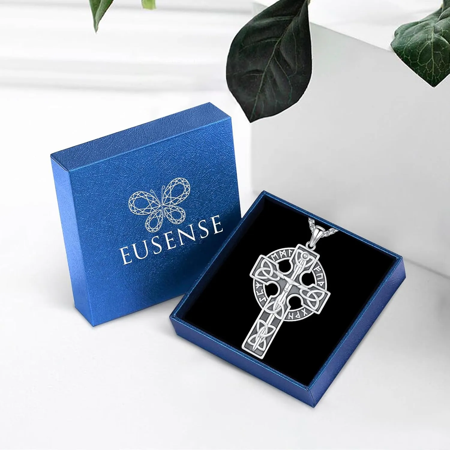 Eusense Viking Jewelry for Men Women Sterling Silver 925 Mjolnir Thors Hammer Pendant Celtic Cross Necklace Wolf Odin Raven Freya Goddess Norse Pagan Compass Vegvisir Yggdrasil Nordic Viking Necklaces Gifts