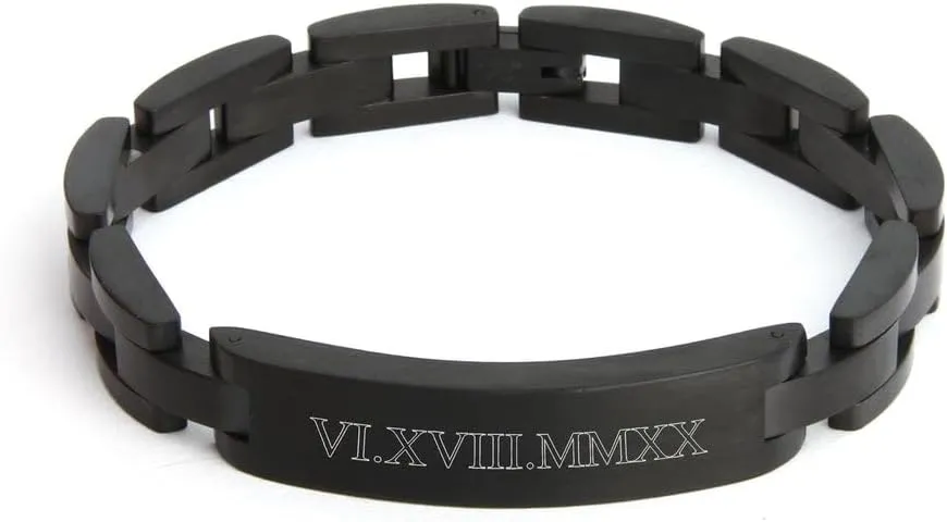 EVE'S ADDICTION Men's Custom Engraved Roman Numeral Black Bracelet in Stainless Steel - Men's Engravable Bracelet - Father's Day Gift - Gift for Dad - Gifts for Dad