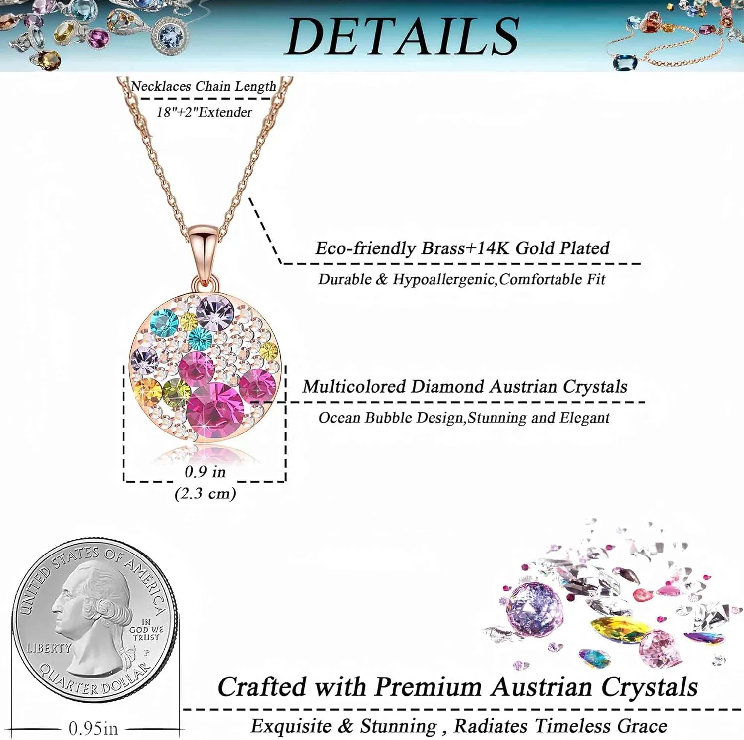 EVEVIC Austrian Crystals Round Disc Pendant Necklaces for Women Fashion 14K Gold Plated Hypoallergenic Dainty Jewelry
