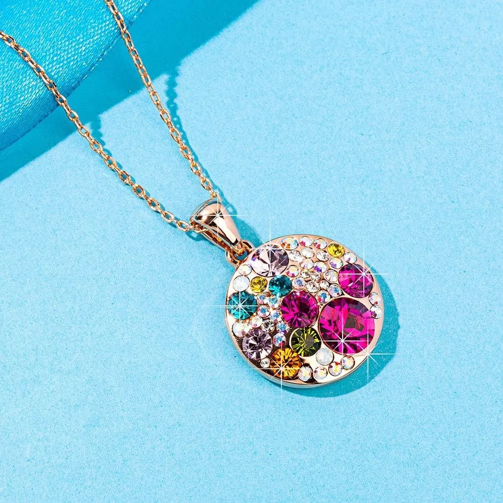 EVEVIC Austrian Crystals Round Disc Pendant Necklaces for Women Fashion 14K Gold Plated Hypoallergenic Dainty Jewelry