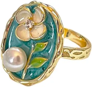 Fashion Enamel Flower Pearl Open Rings For Women 14k Gold Plated Vintage Floral Leaf Unique Finger Band Stackable Wedding Ring Adjustable Cocktail Party Statement Jewelry Gifts Mother Day Birthday