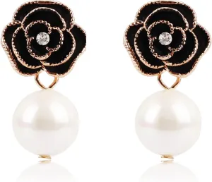 Fashion imitation pearl Rhinestone Rose Flower Stud Earrings for Women