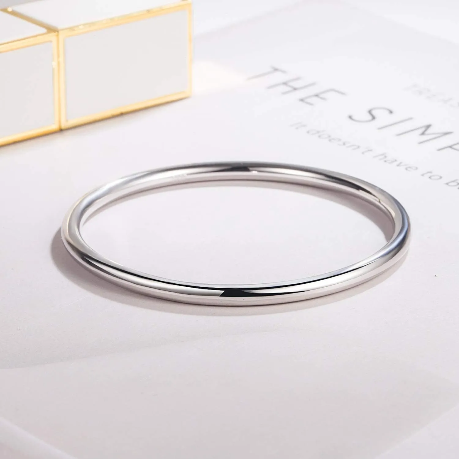 Fashion Smooth Moments Charm 925 Sterling Silver Bracelet Minimalist DIY Women 4MM Bangle Diameter 60-65 -68MM Gold Plated Jewelry Gift