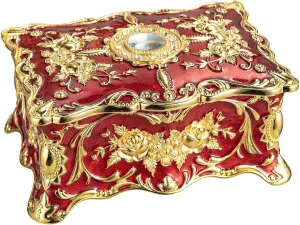 Feyarl Vintage Trinket Jewelry Box Ring Earring Treasure Chest Case Organizer Storage Keepsake Ornate Decorative Box for Wedding Birthday Gift Girl Woman Home Decor (Red) 7.1 x 4.7 x 3.1 inches