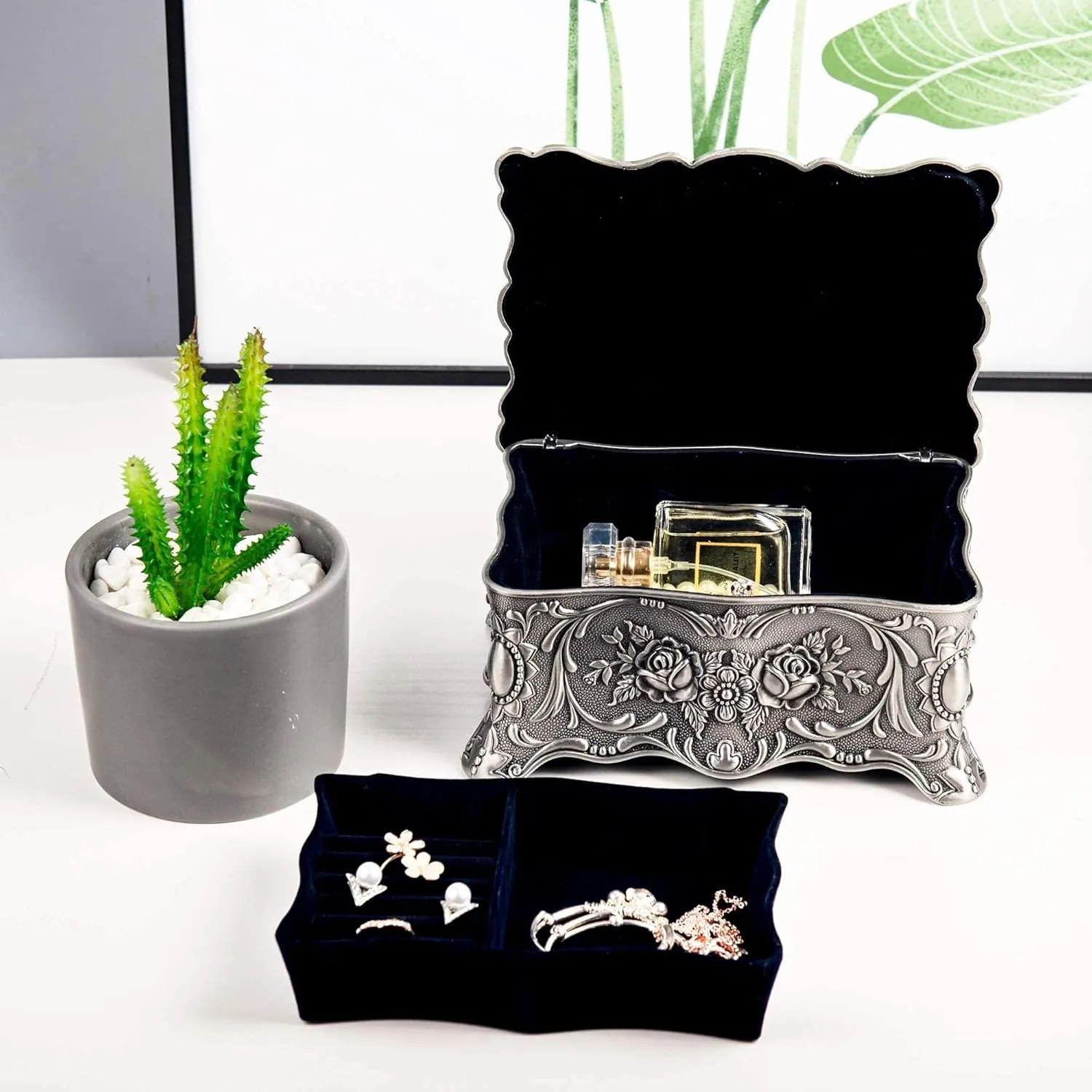 Feyarl Vintage Trinket Jewelry Box Treasure Organizer Keepsake Box Ornate Antique Finish Engraved with 2 Layers Dividers Inside (Pewter)
