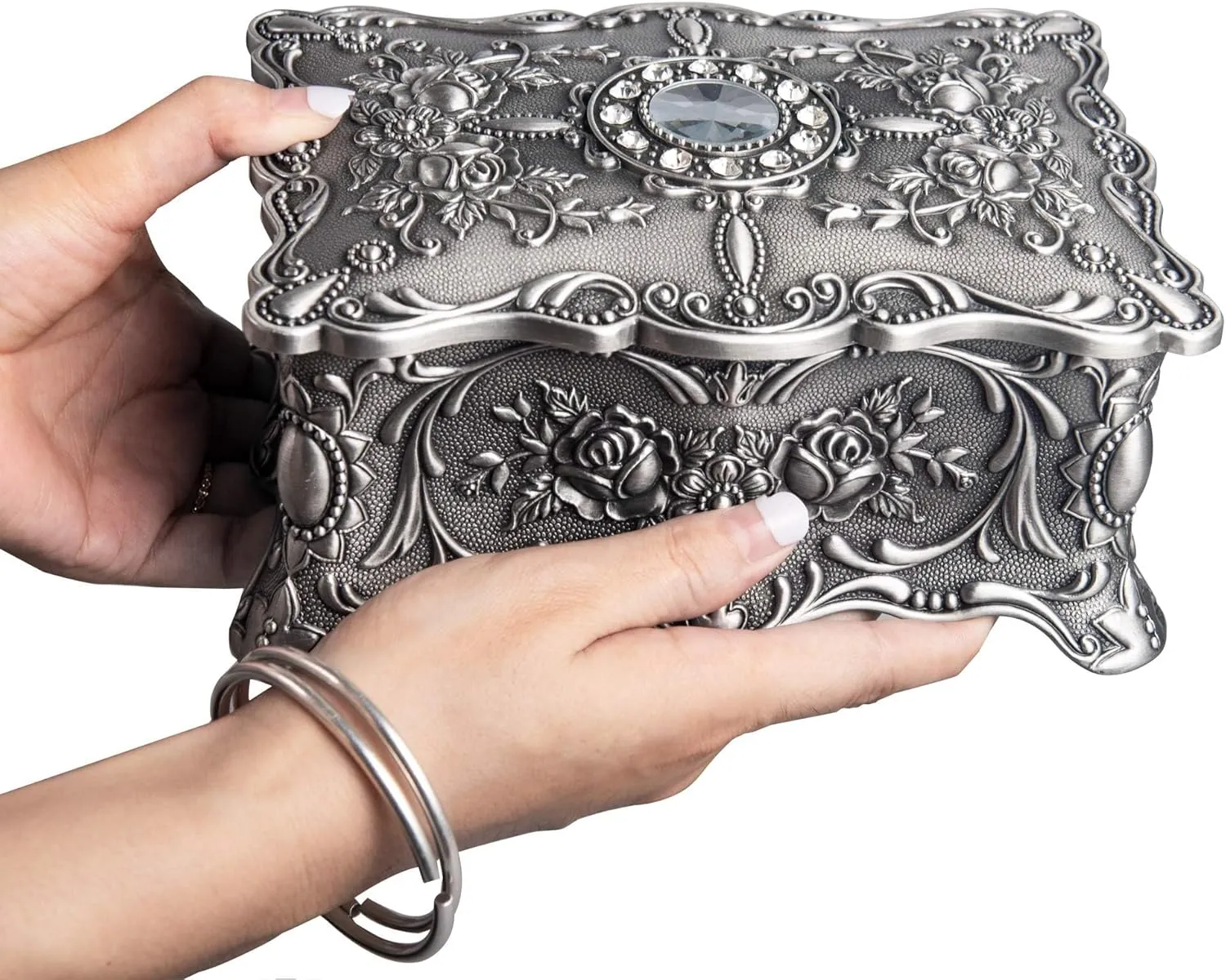 Feyarl Vintage Trinket Jewelry Box Treasure Organizer Keepsake Box Ornate Antique Finish Engraved with 2 Layers Dividers Inside (Pewter)