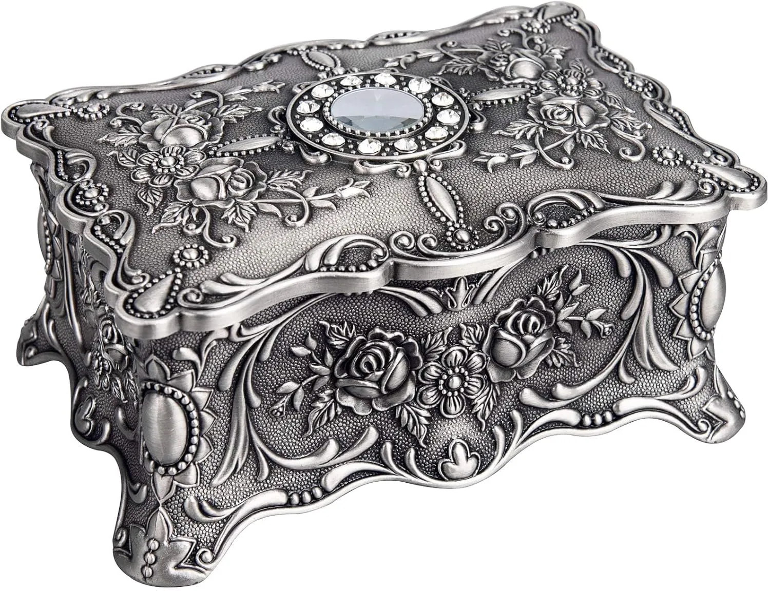 Feyarl Vintage Trinket Jewelry Box Treasure Organizer Keepsake Box Ornate Antique Finish Engraved with 2 Layers Dividers Inside (Pewter)