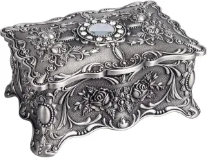 Feyarl Vintage Trinket Jewelry Box Treasure Organizer Keepsake Box Ornate Antique Finish Engraved with 2 Layers Dividers Inside (Pewter)