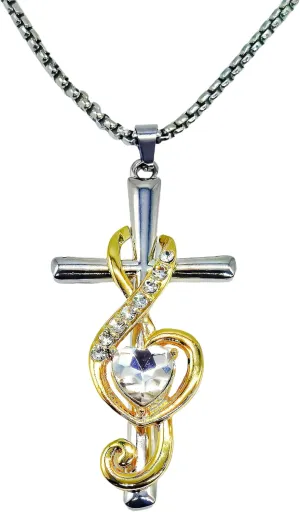 FLACKIT Music Note Necklace for Women - Dual Tone Gold & Silver Cross Pendant with Heart-Shaped Rhinestones, Religious Jewelry,23.6" Stainless Steel Chain   2" Extender, Elegant Gift Idea