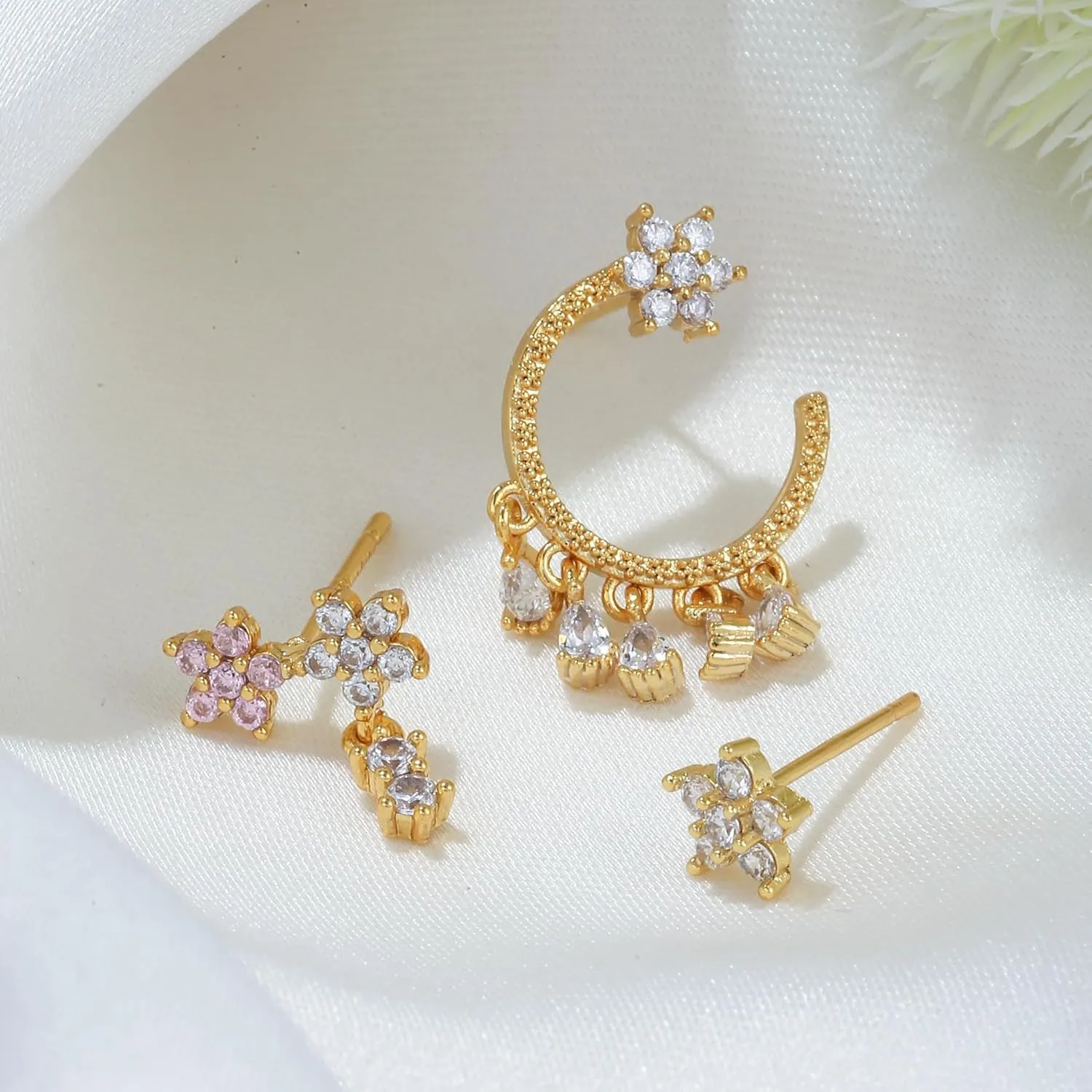 Floral Ear Cuff with Dangling Rhinestone Pink Earring Set One Ear Set Pack of 3
